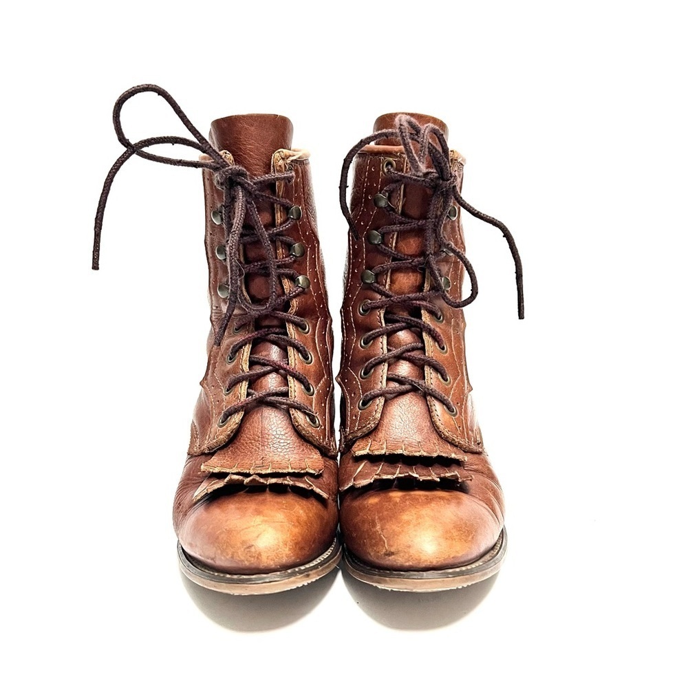 Vintage 1980s brown leather brogue lace up kiltie roper granny boots - Picture 2 of 9
